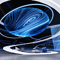 Futuristic Interior With Blue Holographic Sphere And Circular Rings Lighting Design