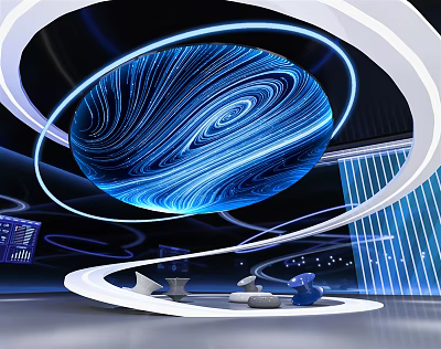 Futuristic Interior With Blue Holographic Sphere And Circular Rings Lighting Design 3d model