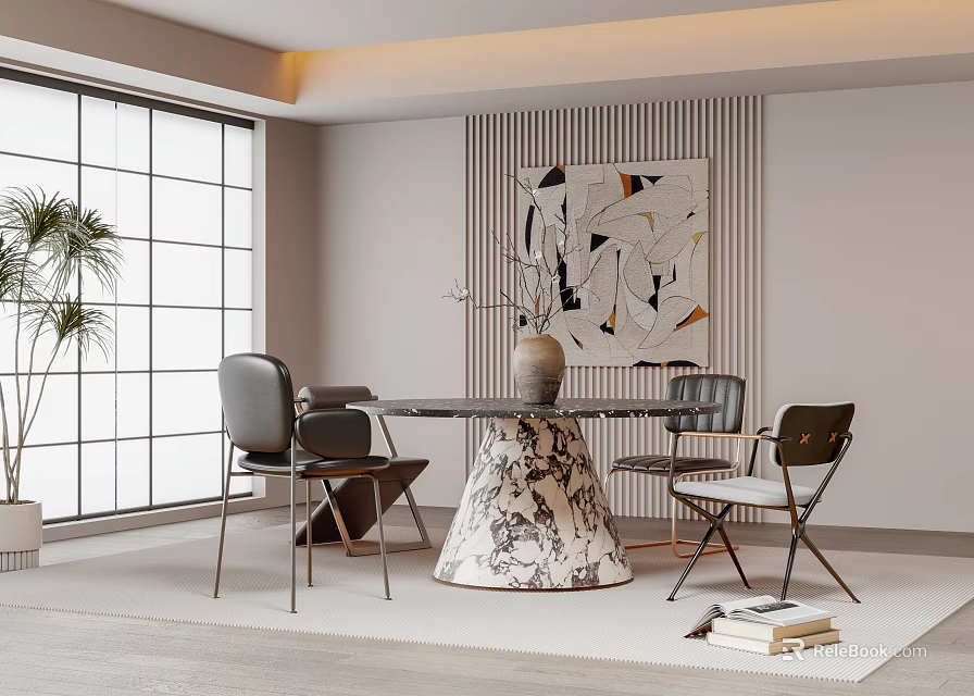 Modern Restaurant Dining Area With Marble Table Chairs Large Window And Decorative Painting 3d model 