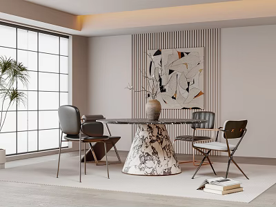 Modern Restaurant Dining Area With Marble Table Chairs Large Window And Decorative Painting 3d model