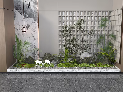 Garden Miniature Landscape with Green Plants Rock Formations and White Deer Decorations 3d model