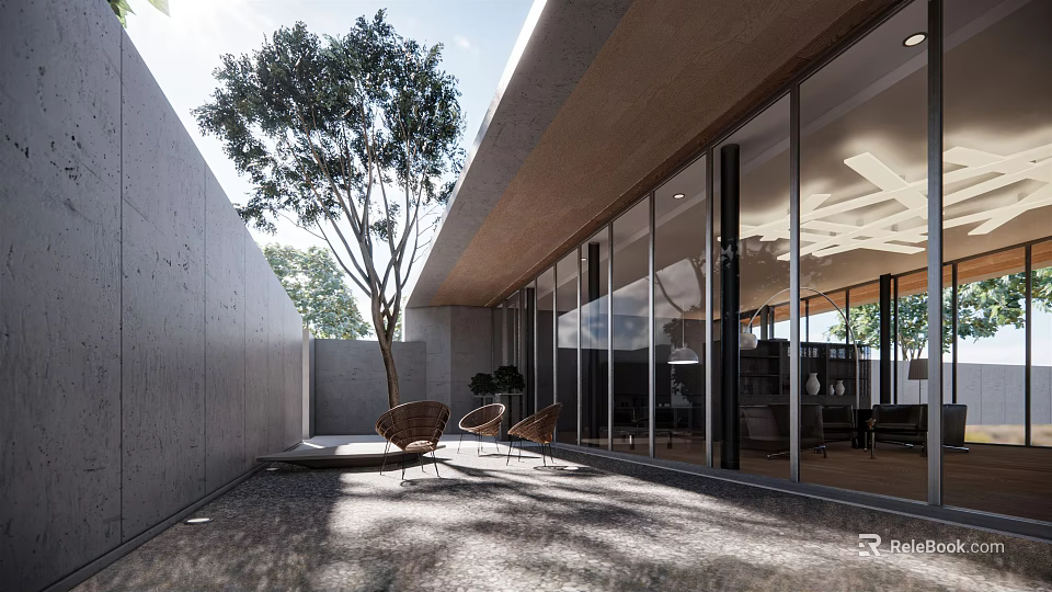 Modern Garden Landscape Design With Outdoor Courtyard Trees Glass Architecture And Natural Light 3d model 
