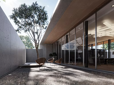 Modern Garden Landscape Design With Outdoor Courtyard Trees Glass Architecture And Natural Light 3d model