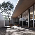 Modern Garden Landscape Design With Outdoor Courtyard Trees Glass Architecture And Natural Light