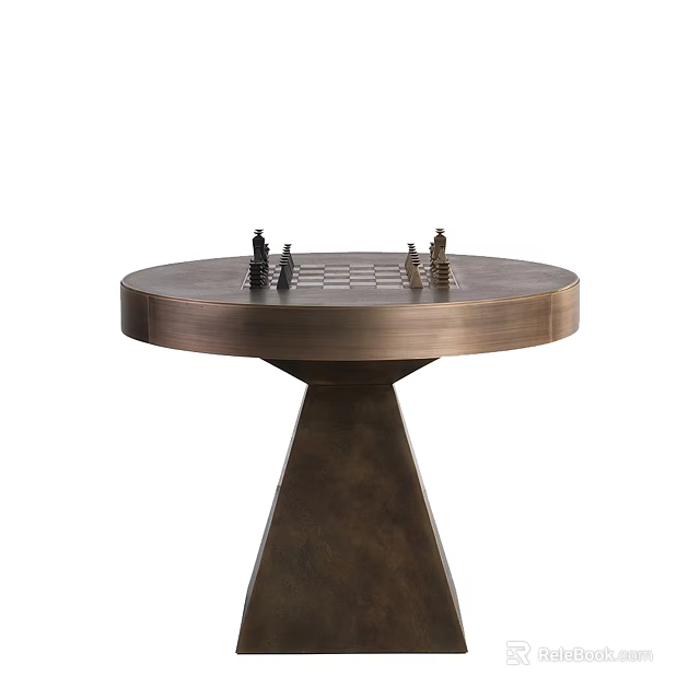 Elegant Round Game Table With Conical Brass Base And Chessboard Pieces 3d model