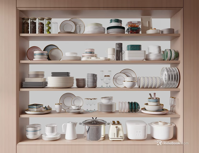 Modern Tableware Set With Assorted Plates Bowls Cups And Utensils On Wooden Shelf 3d model 