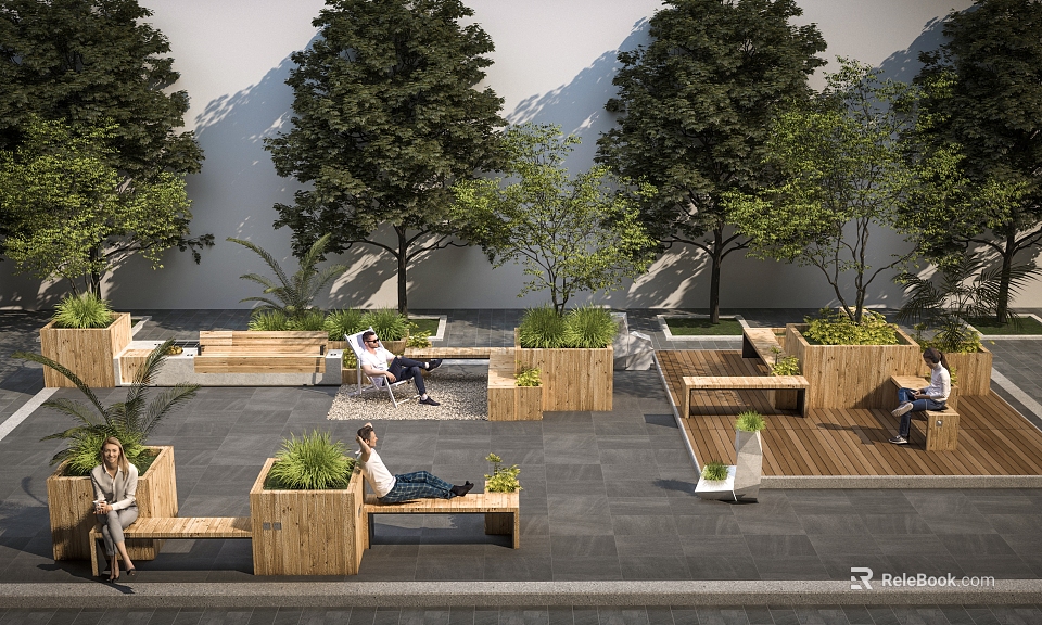 Comfortable Outdoor Chair With Wooden Seating In Garden Park With Green Trees And Plants 3d model 