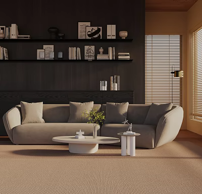 Modern Three-Seater Sofa With Throw Pillows Round White Coffee Table And Plant In Natural Light 3d model