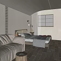 Hotel Guest Room Interior with Sofa Bed Wooden Floor Window and Table Lamp