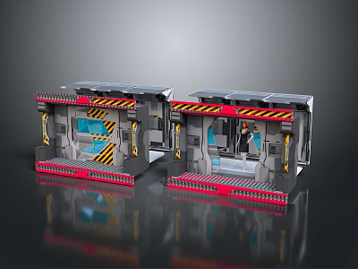 Futuristic Sci Fi Entrance Chambers Gray Structure With Yellow Red Warning Stripes Transparent Panels 3d model