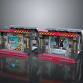 Futuristic Sci Fi Entrance Chambers Gray Structure With Yellow Red Warning Stripes Transparent Panels