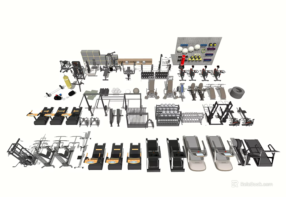Diverse Sports Equipment With Dumbbells Treadmills Weight Benches And Training Gear 3d model 