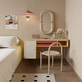 Modern Yellow White Dressing Table With Oval Mirror Cosmetics Pink Flowers And White Chair