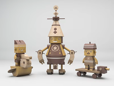 Wooden Robot Toys With Different Sizes Cone Hat And Skateboard Details 3d model