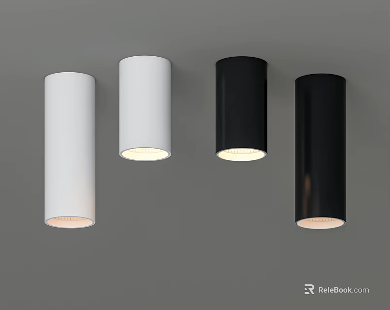 Sleek Cylindrical White and Black Downlights Mounted on Gray Ceiling with Illuminated Design 3d model 
