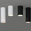 Sleek Cylindrical White and Black Downlights Mounted on Gray Ceiling with Illuminated Design