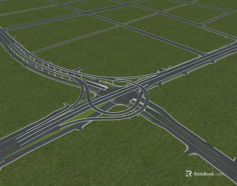 Modern Interchange Bridge With Multiple Road Lanes And Green Grass Surroundings 3d model 