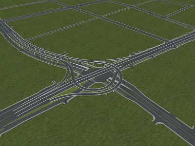 Modern Interchange Bridge With Multiple Road Lanes And Green Grass Surroundings 3d model
