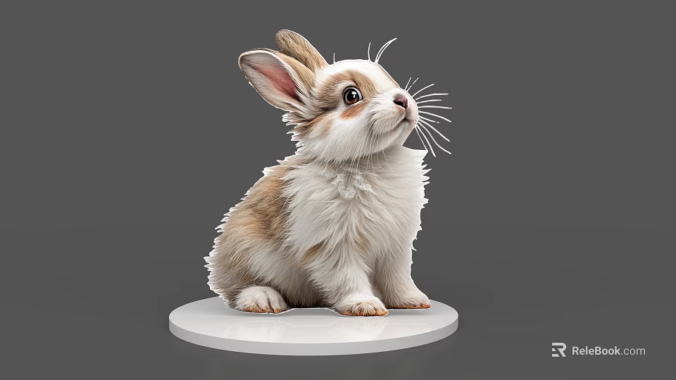 Cute Brown And White Rabbit With Fluffy Fur Sitting On White Round Base 3d model 