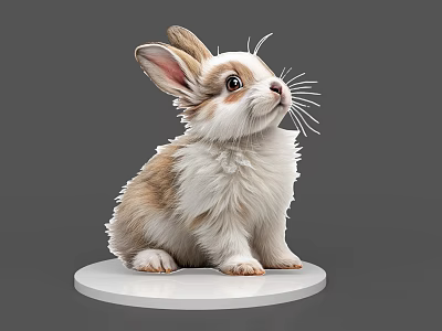 Cute Brown And White Rabbit With Fluffy Fur Sitting On White Round Base 3d model
