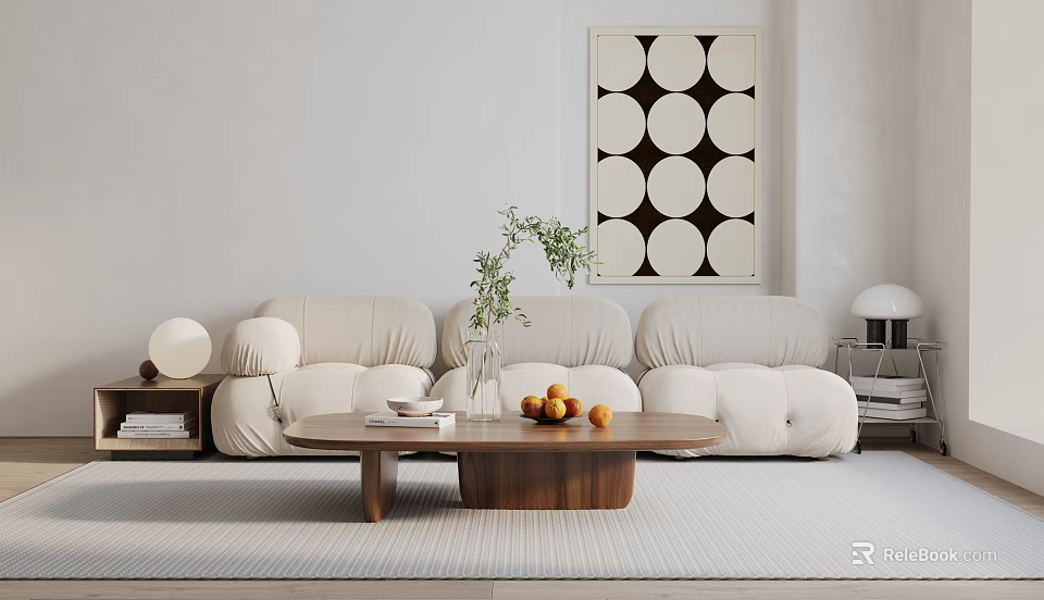 Three Seater Sofa In Modern Living Room With Beige Upholstery Coffee Table And Wall Art 3d model 