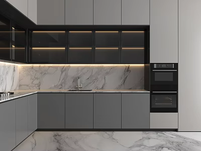 Modern Kitchen Interior With Gray Cabinets Marble Backsplash And Built In Oven 3d model