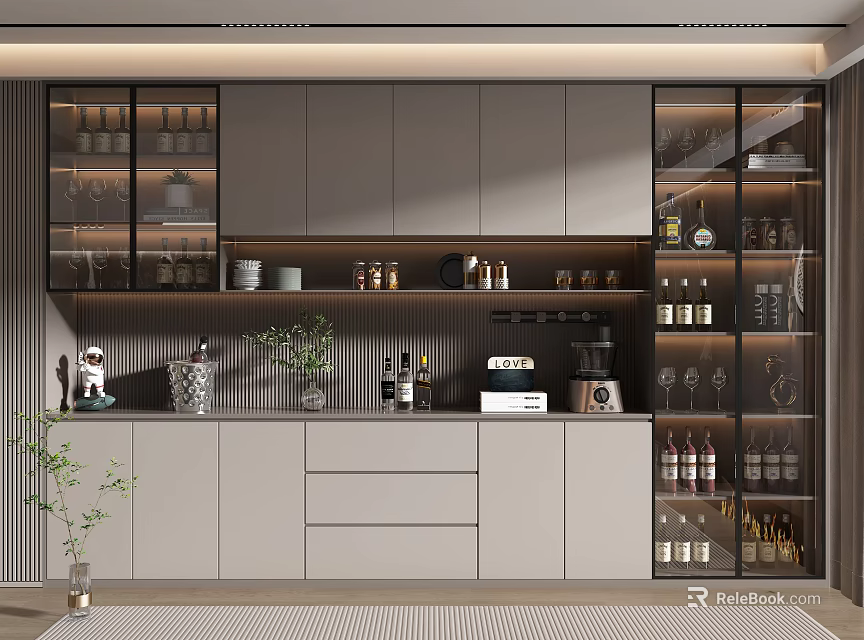 Modern Wine Cabinet With Glass Doors Storage Shelves And Decorative Items 3d model 