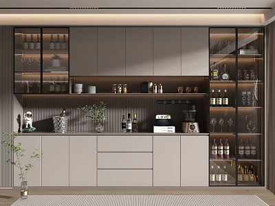 Modern Wine Cabinet With Glass Doors Storage Shelves And Decorative Items 3d model