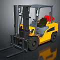 Yellow Industrial Forklift Truck With Black Forks Gray Cabin And Red Fuel Tank