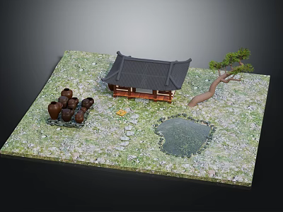 Traditional Chinese Ancient Architecture With Brown Pots Small Pond Pine Tree Grass And Stone Path 3d model
