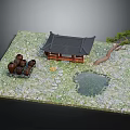 Traditional Chinese Ancient Architecture With Brown Pots Small Pond Pine Tree Grass And Stone Path