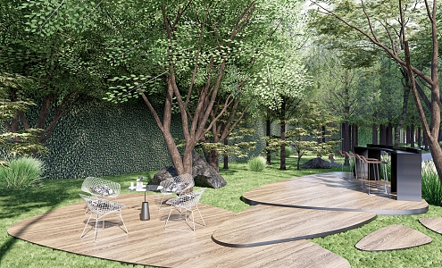 Modern Outdoor Tables and Chairs Residential Quarter Residential Landscape Forest Rest Wooden Platform Bar Chair Outdoor Seat Combination 3d model