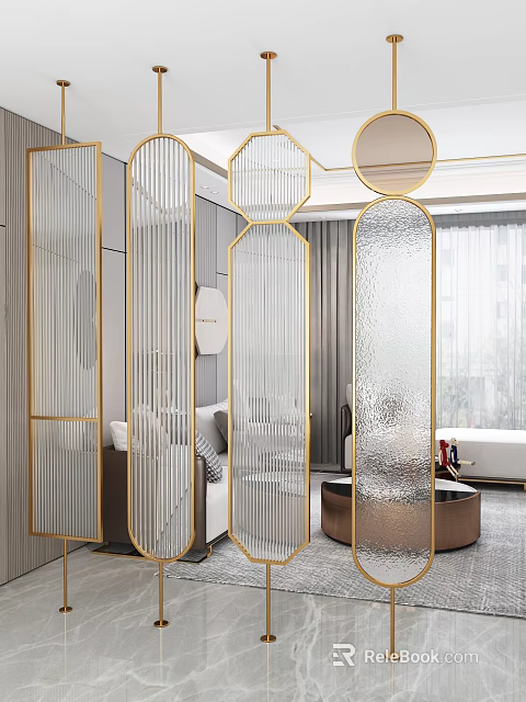 Modern Glass Room Divider With Gold Frame And Geometric Shapes In Living Room 3d model 