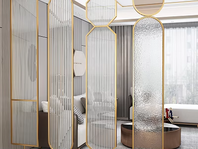 Modern Glass Room Divider With Gold Frame And Geometric Shapes In Living Room 3d model
