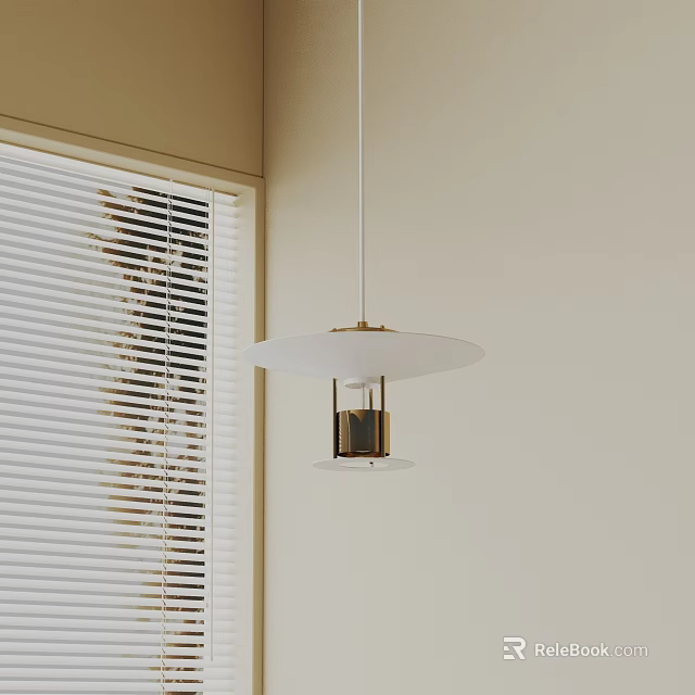 Modern Pendant Light With White Shade Gold Accents Hanging Over Beige Wall And White Blinds 3d model 