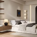 Modern Bedroom Interior Design With Upholstered Bed Bookshelf And Area Rug