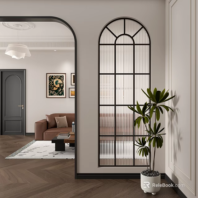 Modern Hallway Interior With Arched Design Black Metal Grille Sofa Green Plant And Decorative Painting 3d model 