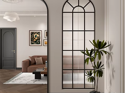 Modern Hallway Interior With Arched Design Black Metal Grille Sofa Green Plant And Decorative Painting 3d model