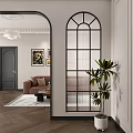 Modern Hallway Interior With Arched Design Black Metal Grille Sofa Green Plant And Decorative Painting