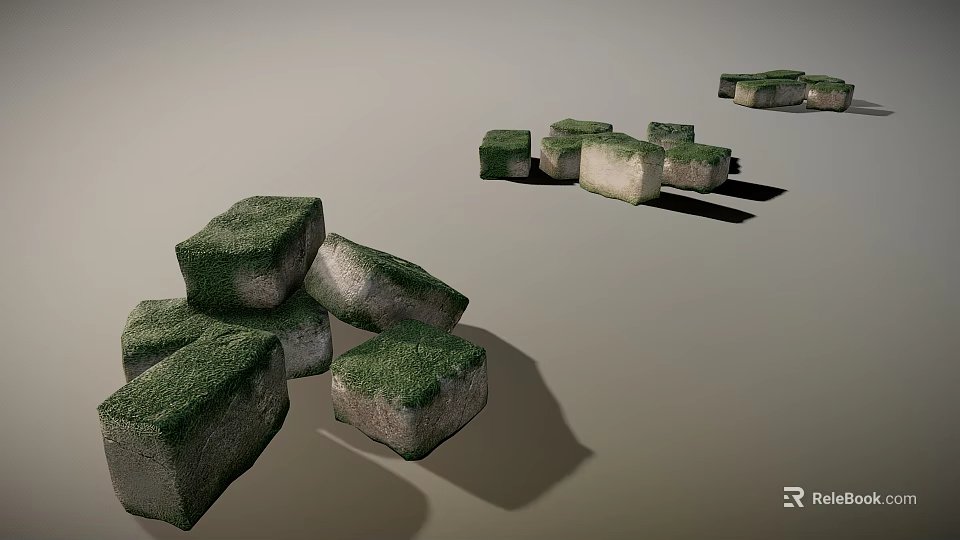 Green Moss Covered Stone Blocks Scattered in Natural Arrangement with Shadow Effects 3d model 