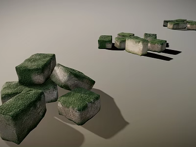 Green Moss Covered Stone Blocks Scattered in Natural Arrangement with Shadow Effects 3d model