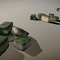 Green Moss Covered Stone Blocks Scattered in Natural Arrangement with Shadow Effects