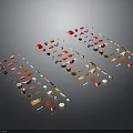 Colorful Small Food Items Arranged in Rows with Vibrant Colors and Shapes