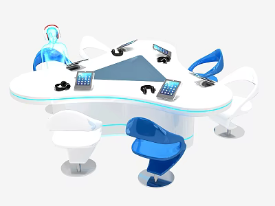 Modern Round White Office Desk With White And Blue Chairs Tablets Headphones And Smartphones 3d model