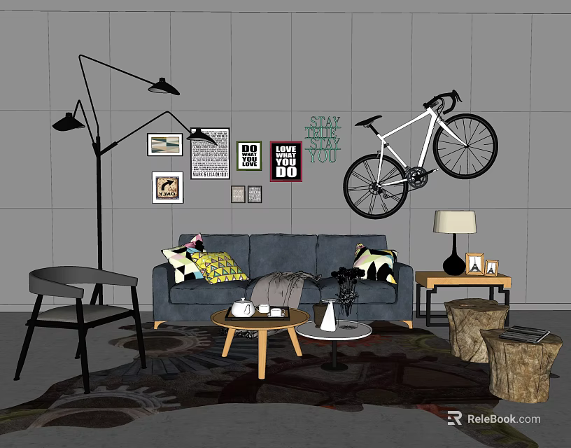 Gray Sofa and Coffee Table Set With Throw Pillows Floor Lamp Wall Art and Bicycle 3d model 