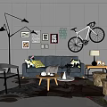 Gray Sofa and Coffee Table Set With Throw Pillows Floor Lamp Wall Art and Bicycle