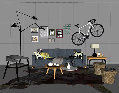 Gray Sofa and Coffee Table Set With Throw Pillows Floor Lamp Wall Art and Bicycle 3d model