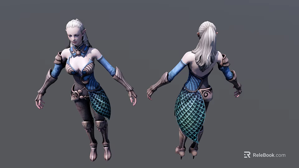 White Haired Game and Movie Character With Scaled Skirt Metallic Armor Front Back 3D View 3d model 