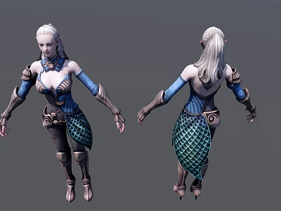 White Haired Game and Movie Character With Scaled Skirt Metallic Armor Front Back 3D View 3d model