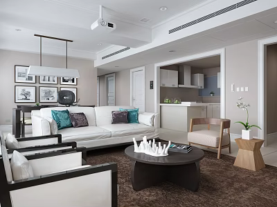 Modern Living Dining Room Interior With White Sofa Coffee Table And Decorative Paintings 3d model